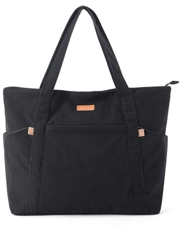 Lekespring Cord Tasche Damen, Groß Tote Bag Strandtasche mit Reißverschluss, Shopper Tasche Damen Laptoptasche mit 17 Zoll Laptopfach, Elegant Handtasche Umhängetasche für Arbeit Schule Gym-Schwarz