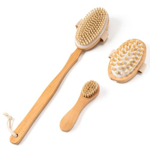 Uervoton 3 PCS Trockenbürste Rückenbürste Naturborsten Set | 3 Bürstenköpfe, langer Griff, Peeling, Trockenmassage, Lymphdrainage-Routine