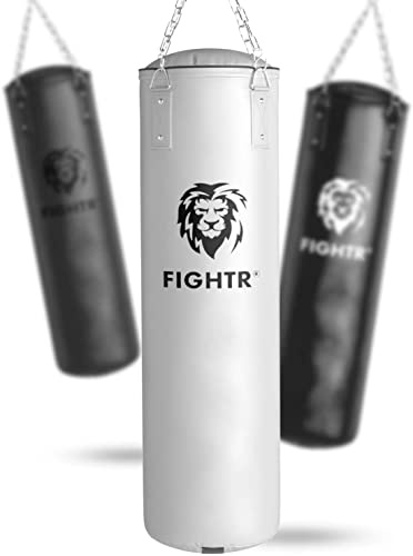 FIGHTR® Boxsack gefüllt/ungefüllt - extrem robust & langlebig | Boxsack Set inkl. 4-Punkt-Stahlkette für Boxen, Kickboxen, MMA, Muay Thai und weitere Kampfsportarten (leer, Weiß)