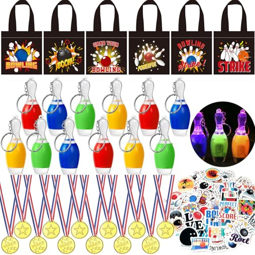 96pcs Bowling Mitgebsel Kindergeburtstag Medaillen Bowling Bowlingkugel Schlüsselanhänger Mitgebsel Tüten Sticker Give Aways für Mitbringsel Kinder Bowling Piñata Füllung Gastgeschenke