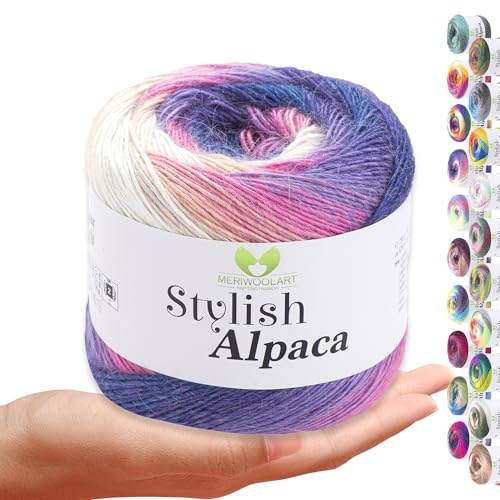 Stylish Alpaca Garn – Weiches Alpakawolle Strickgarn – 150g (525m) feines DK Wolle zum Stricken & Häkeln – Ideal für Pullover, Schals, Tuch, Babykleidung – Premium Multicolor Farbverlauf 7717