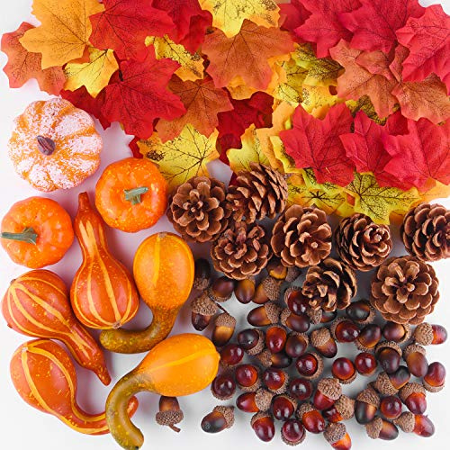 FEPITO Herbst Thanksgiving Dekorationen, Mini Künstliche Kürbisse, Tannenzapfen, Herbstblätter, Quasten für Herbst Party Dekorationen, Halloween Deko Set