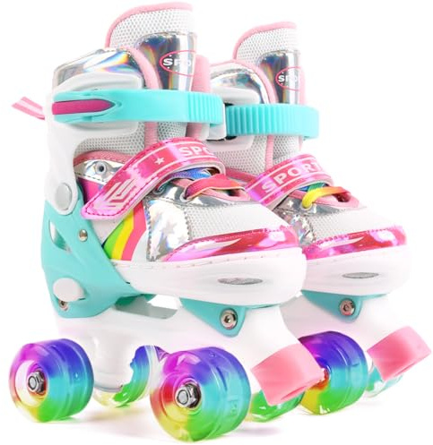 Ceestyle Verstellbare Rollschuhe für Kinder, Leuchtenden Rädern, Classic Disco Roller, Größenverstellbare Atmungsaktiv Quad Skates, Verstellbar von 27 bis 34, 4 Größen, Mädchen und Jungen - M