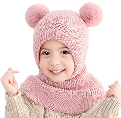 YONKOUNY Kinder Mädchen Wintermütze Warm Niedlich Schlupfmütze mit Bommel Beanie Strickmütze Schalmütze Fleece Mütze