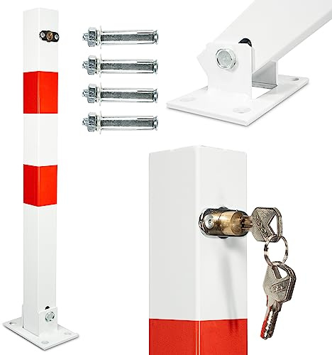 Parkpfosten Absperrpfosten klappbar 65cm Hoch Parkplatzsperre je Poller 3 Schlüssel 4 Schwerlastdübel Pfosten Weiß signal Rot ParkWatch Absperrung Pollen (1)
