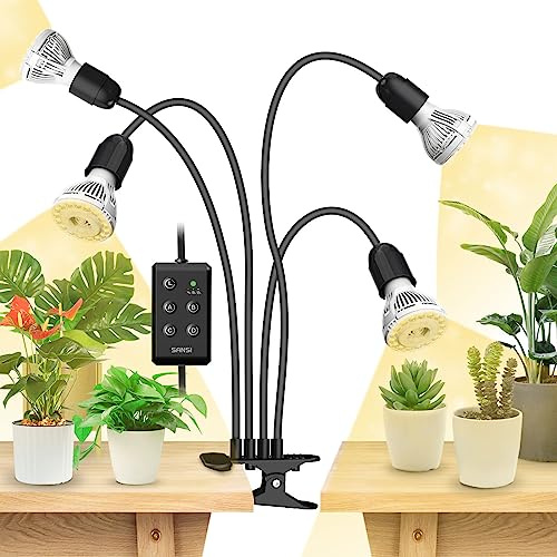 SANSI Pflanzenlampe Vollspektrum, 4-Kopf 600W Grow Light mit Timer, Schwarz | Clip On Pflanzenlicht mit 360° Schwanenhals, 4/8/12H Timer, 4x E27 10W Wachstumslampe mit Hohe PPFD für Zimmerpflanzen