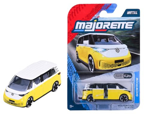 Majorette Premium Cars VW ID Buzz - Modellauto mit Freilauf, zu öffnende Teile, Federung, Sammelkarte, aus Metall, gelb-weiß, für Sammler und Kinder ab 3 Jahren, 7,5 cm