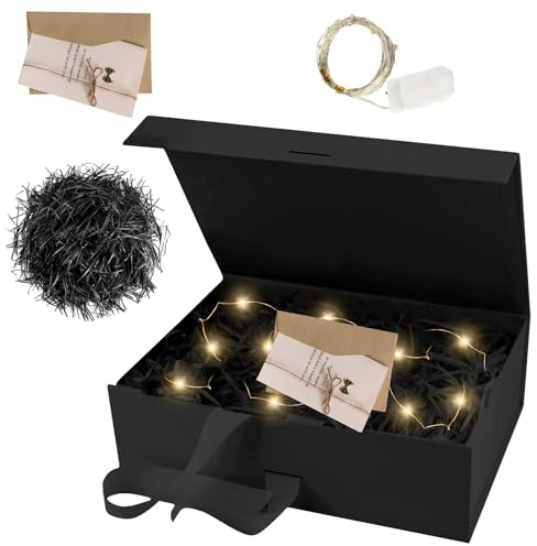 Geschenkkarton mit Raffia Hamper Shreds Grußkarten, Geschenkbox LED-Licht | Geschenkschachtel, Geschenkkarton mit Schleife, Magnetische Geschenkbox LED-Licht für Hochzeit Geburtstag Valentinstag