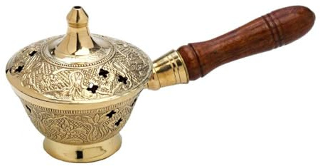 NKlaus Räucherpfännchen mit Holzgriff für Weihrauch Räucherwerk Räuchermischung Räuchergefäß Messing Gold massiv Handarbeit Dekoration Esoterik Weihrauchbrenner 7538