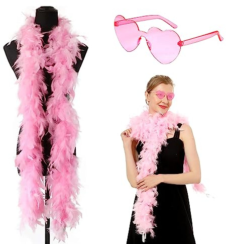 Federboa, 2M Bunte Feder Boa mit Herzbrille, Flauschige Federboa, Feder Boas Zubehör, Turkey Feather Boas Dekorieren, für Hochzeit Ankleiden Party, Karneval, Halloween, Weihnachten Kostüm (Rosa)