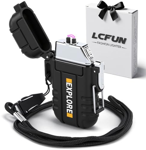 LcFun Lichtbogen Feuerzeug Elektrisch Elektrisches Feuerzeug (Schwarz) | Wasserdicht Winddicht USB C Wiederaufladbares Feuerzeug Plasma Feuerzeuge Geschenke für Männer Notfall Survival Ausrüstung