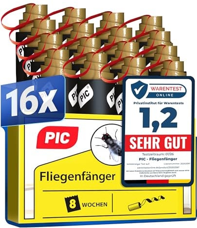 PIC Fliegenfalle Innenbereich 16 Stück, Fliegenfänger Klebeband Giftfrei | Ohne Chemie, bis zu 8 Wochen wirksam, spiralförmig zum Aufhängen, ideal für Küche, Esszimmer und Wohnzimmer