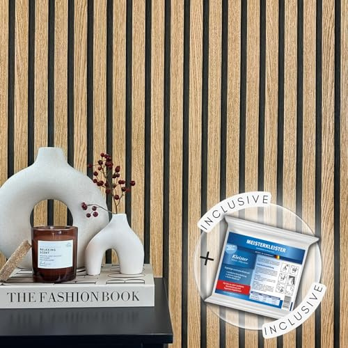 WALLCOVER Tapete inkl. Kleister Holzoptik Braun Akustikpaneele Holzwand Vliestapete Skandi Lamellenwand Holzpaneele 3D Optik Holztapete Modern Naturholz Made in Germany