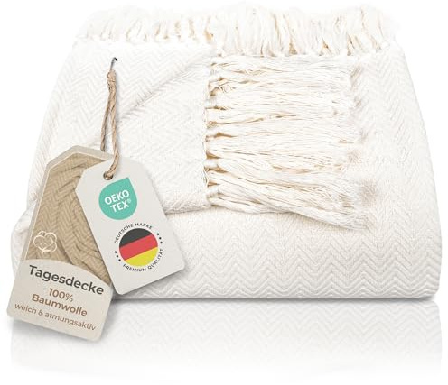 Gräfenstayn Premium Tagesdecke mit Fransen - 100% Baumwolle - 180 x 240 cm - Fischgrätenmuster Sommerdecke - Baumwolldecke als Bett-Überwurf, Couch-Überwurf, Sofa-Decke (Creme)