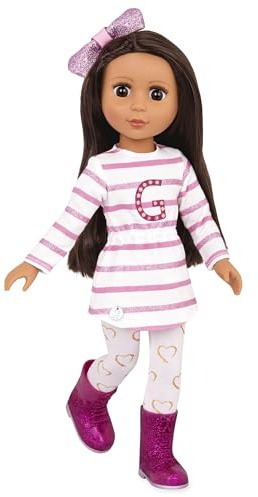 Glitter Girls - Sarinia - 36 cm Bewegliche Modepuppe - Glattes braunes Haar & braune Augen - Gestreifte Tunika & Glitzerstiefel - Haarschleife & Herz-Leggings - 3 Jahre +