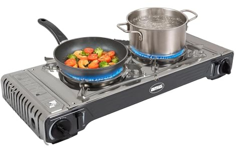 Amig – Camping Gas Kocher CAMP02 – Tragbarer Gaskocher mit 2 Brennern und Grillplatte – kompakt, leistungsstark und ideal fürs Camping – 2 x 2 kW – Aluminiumguss und Edelstahl – Schwarz/Silber