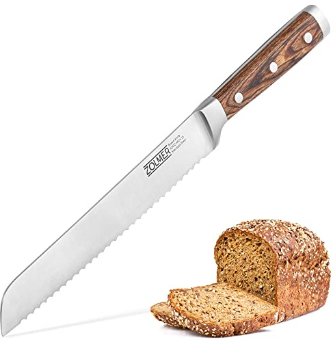 ZOLMER® Brotmesser - Extra scharfes Wellenschliff Messer - Brotschneidemesser mit komfortablem Griff aus Pakka Holz - Einzigartiges Schneideerlebnis