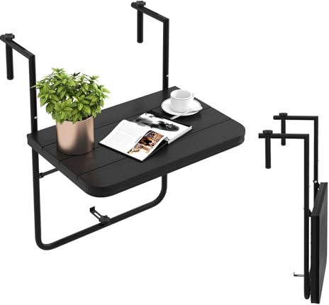KOMFOTTEU Balkontisch klappbar & wetterfest, Balkonhängetisch höhenverstellbar in 3 Stufen, Gartentisch Klapptisch bis 30 kg, Hängetisch klein für Outdoor & Indoor (Schwarz)