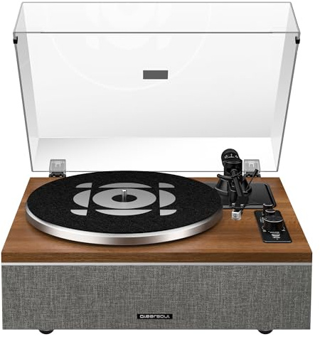 Qlearsoul ONE-S Plattenspieler mit integrierten Lautsprechern & DSP, Vintage Turntable All-in-One mit Bluetooth Eingang/Ausgang, Phono Vorverstärker, AT-3600L Tonabnehmer, 33/45 U/min (Nussbaum)