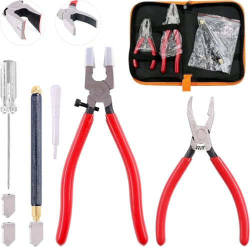 Swpeet 9Pcs Glasschneider Werkzeugsatz, Brecher Grozer Zange und Curve Jaw Glas läuft Zange Kit mit Gummispitzen, Bleistift Öl Feed Hartmetallspitze Glasschneider, 2Pcs Klingen mit Öltropfer und