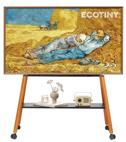 ECOTINY TV Ständer mit Rollen für 49 bis 75 Zoll TV bis zu 40 kg, Schwarz | Max. VESA 600*400MM, Easel Design mit Metallstruktur und Holzablage, TV staffelei Rollbar für Geschäft, Büro, Schule, Haus