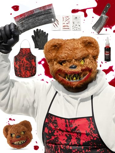 Festicy Bärenkostüm mit Schürze, Tattoos, Halloween Kostüme Horror | One Size Halloween Maske mit Kunstblut Halloween Beil, Halloween Kostüm Damen und Horror Kostüm Herren