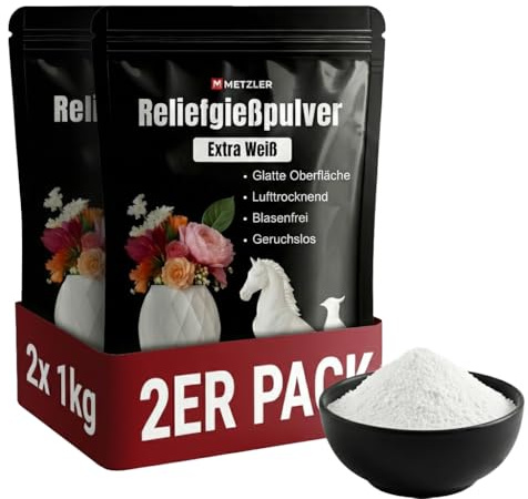 Metzler Gießbeton Gips weiß 2 kg blasenfrei für Silikonformen | Reliefgießpulver, Bastelbeton zum Gießen, Abformmasse, Mischverhältnis 10:3, lufttrocknend, bemalbar