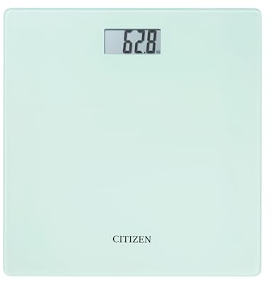 Citizen Digitale Personenwaage, hochpräzise Körperwaage mit großem LCD Display, ultraflaches Design aus Sicherheitsglas, Tritt An Technologie, kg/lb/st Einheiten, Weiß