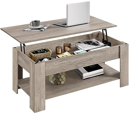 Yaheetech Couchtisch, Höhenverstellbarer Wohnzimmertisch, Grau, 120x59cm | Kaffeetisch mit verstecktem Stauraum & stabiler Sofatisch für Wohnzimmer & Büro