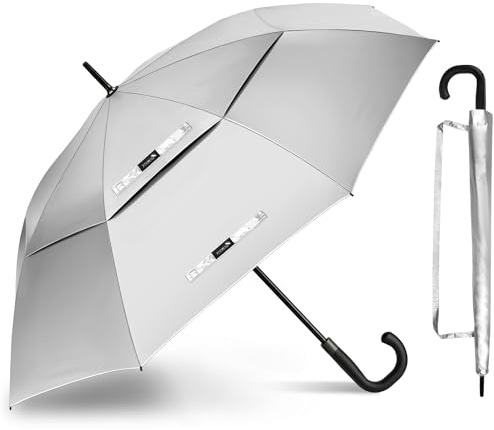 ZOMAKE Regenschirm Groß XXL 54 Inch,Automatik Öffnen mit UPF 50+UV Schutz | Regenschirme Großer Stockschirm Sturmfest Stabil,Golfschirm mit J-Griff für Herren Damen(Silber Schwarz)