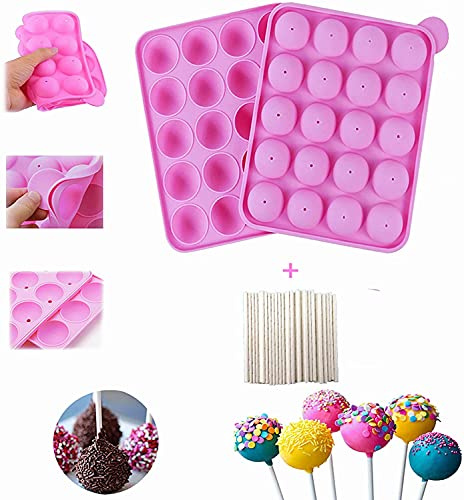 YIQI 20 Hohlraum Formen Silikon Lollipop Tablett - Größe 22.5 * 18 * 3 cm Kreis Durchmesser 4 cm, hitzebeständig -40°C zu 230°C mit 20 Sticks (Rosa)
