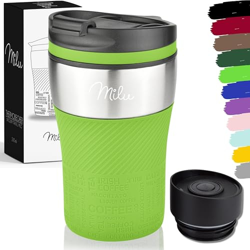 Milu Thermobecher Kaffee to go - 210ml - 100% Auslaufsicher – Isolierbecher, Kaffeebecher, Trinkbecher aus Edelstahl - Autobecher doppelwand Isolierung - Travel Mug (Grün)