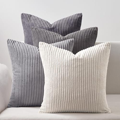 Topfinel Kissenbezug grau 40x40 4er Set Kordsamt Kissenbezüge Kissenhülle Dekokissenbezug sofakissen dekokissen deko für Sofa Schlafzimmer Wohnzimmer Balkon Kinder flauschig Farbverlauf, Gestreift
