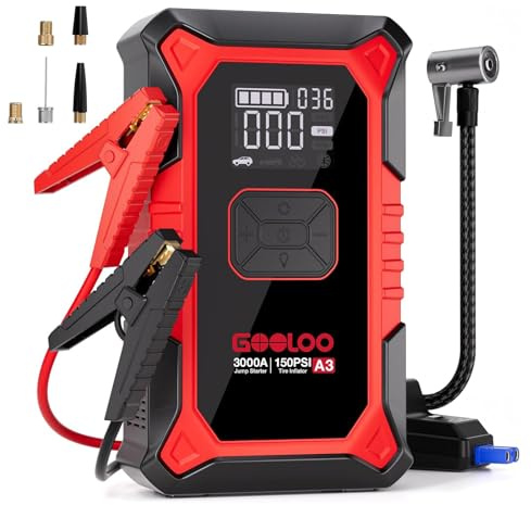 GOOLOO A3 Starthilfe Powerbank mit Kompressor, 3000A 150PSI Spitzenstrom Starter Powerbank für 12V Fahrzeuge(Bis zu 9.0L Benzin/6.5L Diesel), Tragbare Auto Starthilfe mit Digitale und LED