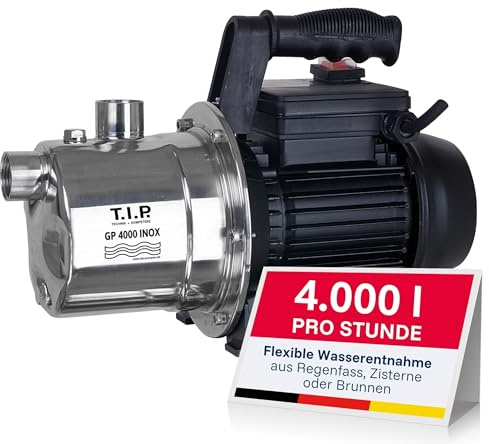 T.I.P. 31371 Gartenpumpe Edelstahl GP 4000 INOX (4.000 l/h Fördermenge, Förderhöhe max. / Druck max. 42 m / 4,2 bar, 800 Watt, Thermischer Überlastungsschutz, Edelstahl Pumpengehäuse)