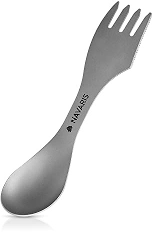 Navaris 3in1 Titan Camping Besteck - Outdoor Göffel Spork - Messer Löffel Gabel inkl. Tasche - Ultraleichte Essbesteck Kombi - Reisebesteck in Grau