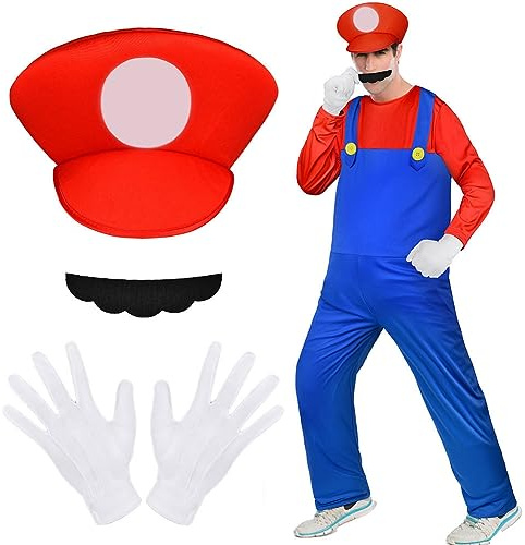 Aomig Kostüm, 4 Stück Cosplay mit Mütze Hose Bart Handschuhe, Kostüm Set Männer Damen, Erwachsene Outfit Kostüm für Weihnachten Karneval Faschingskostüme (Rot,L)