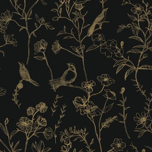 Fiula Selbstklebende Tapete Klebefolie Möbel 41CM×3M Möbelfolie Selbstklebend Vögel Blumentapete Schwarz und Gold Blätter Linien Vintage Dekorfolie Vinyl Wohnzimmer Wasserdicht Wallpaper