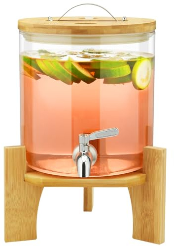 Getränkespender mit Ständer, 5L Getränkespender aus Glas mit rostfreiem Wasserhahn, Getränkespender mit Bambusständer, Eiskalt- oder Heißgetränkespender für Partys
