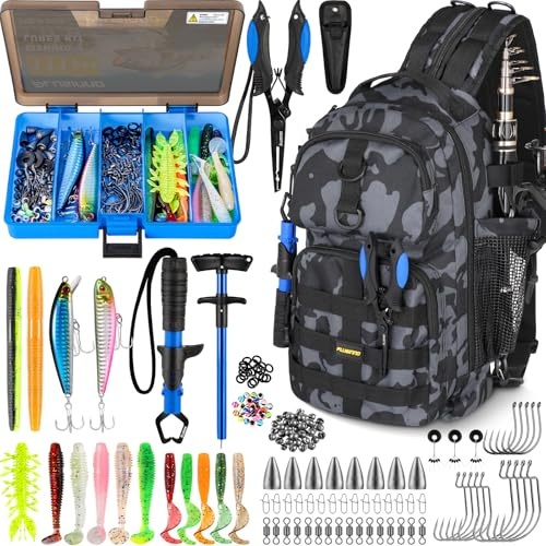 PLUSINNO Angelrucksack mit Angelboxen, wasserdichte Sling-Tackle-Tasche für Angelausrüstung mit Rutenhalter, Geschenke für Männer mit Angelausrüstung, Zange, Fischlippengreifer.