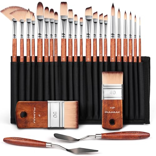 Pinselset Acrylfarben - 26 Stück Professionell Künstlerpinselset mit Malmesser und Organisationstasche für Acryl, Öl, Gouache, Tempera Malerei | Kein Haarverlust | Acryl Pinsel für Leinwand, Öl Pinsel