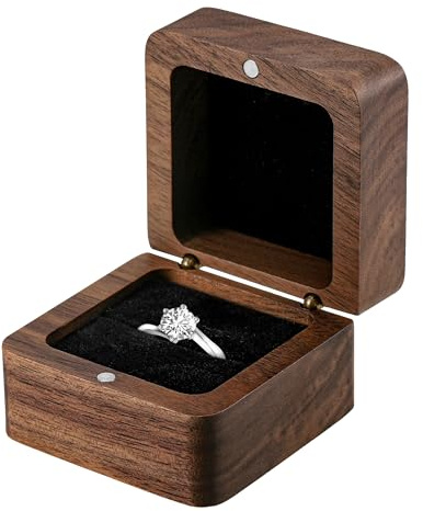 Starvortex Ringbox Nussholz Verlobung, 5.5x5.5x3.5cm Ringschachtel Hochzeit, Elegant Ring Box Hochzeit Etui, Retro Verlobungsring Box mit Single Slot, Ringkästchen zum Hochzeitstag Zeremonie