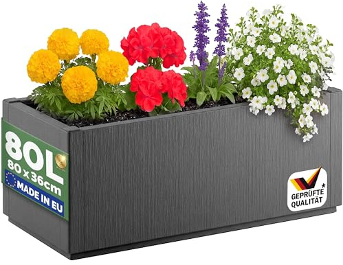 CASARIA® Blumenkasten Ethica 80 L 80x36x36 cm Anthrazit | Pflanzkasten rechteckig aus Kunststoff Pflanzkübel Outdoor winterfest mit Ablaufboden