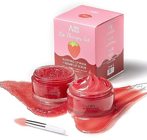 ANAiRUi Lippenpflegeset - Lippenbalsam-Maske und Lippenzucker-Peeling-Set - Lippenbehandlung über Nacht, Schlafmaske und Lippenpeeling-Peeling für trockene, rissige, schälende Lippen(Beeren + VC)