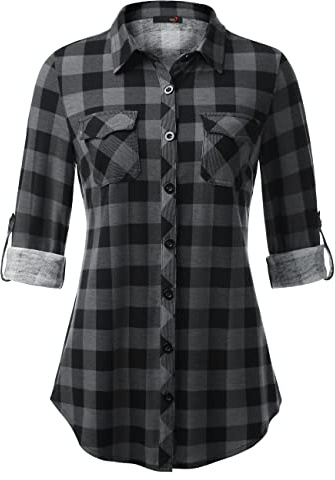 DJT Damen Weiches Gestrick Karierte Bluse Langarm 3/4 Roll Up Ärmel Hemdbluse Button-down Blusen Schwarz XL
