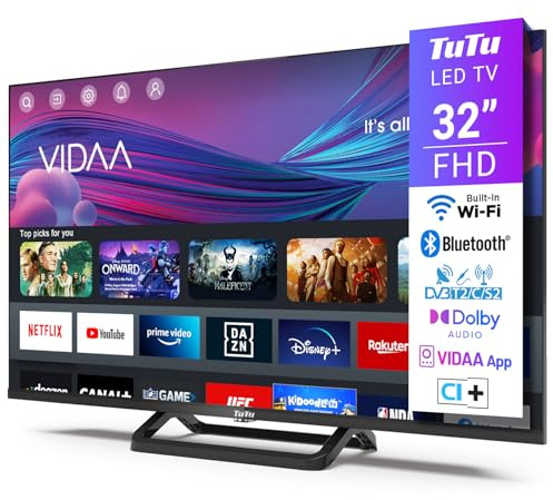 TuTu TUV32FN1B Fernseher 32 Zoll (80 cm), Full HD Smart TV mit Bluetooth, WLAN, Triple Tuner (DVB-T/T2, DVB-C, DVB-S/S2), App Store, AirPlay, HDMI, USB, Mittelfuss