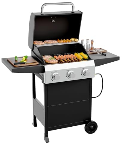 ROVSUN 10,5 KW Gasgrill mit 3 Brennern Gas Grill Camping Mobil mit 432 Quadratzoll Grillfläche, Camping Gasgrill Deckel Klappbare Seitenablagen 117x40x140 cm