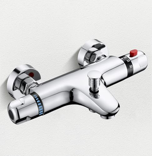 Badewannenarmatur mit Thermostat Duscharmatur Aufputz Mischbatterie Badewanne Thermostat Chrom, Messing Wannenarmatur mit 38°C Sicherheitstaste, Wasserhahn Badewanne Thermostat Duche Wannenthermostat