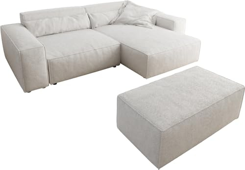 DELIFE Eckcouch Sirpio XL Bouclé Creme-Weiß 270x170 cm Recamiere variabel | mit Hocker