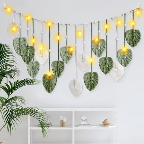 IHONYI Boho Deko - Makramee Wandbehang,Wandteppich Chic Tapisserie Fransengirlande Mit 3M LED Lichterkette,Handgewebt Girlande Boho Wanddeko Für Wohnzimmer/Balkon/kinderzimmer/Wohnwagen deko(Blatt)